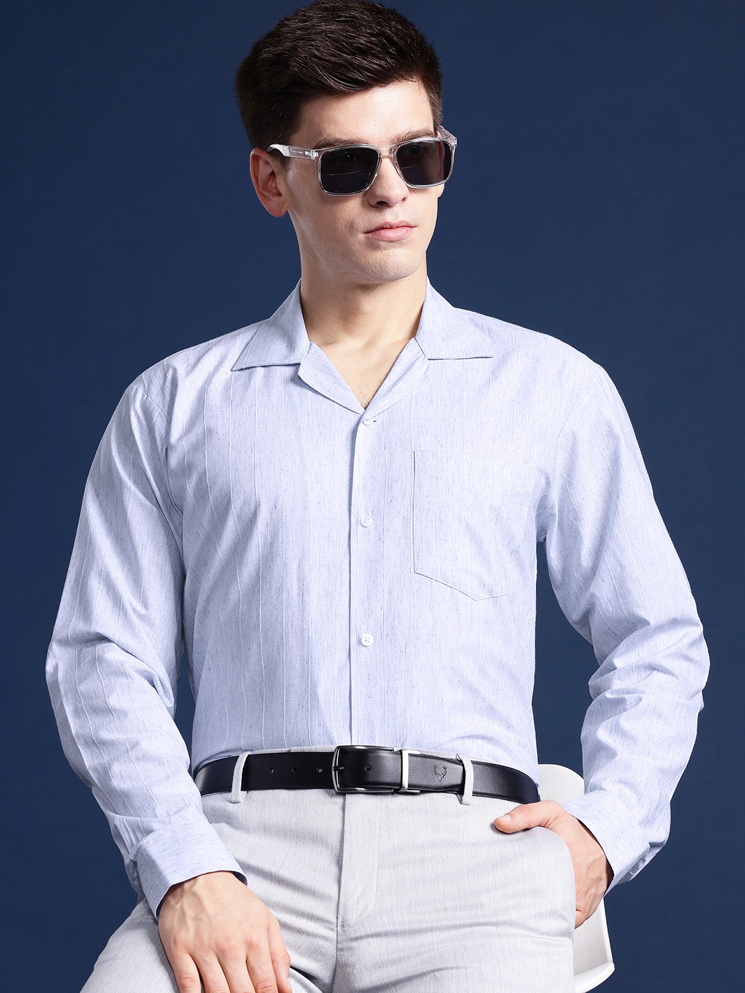 

Hancock Men Self Design Striped Pure Cotton Cuban Collar Formal Shirt, Blue
