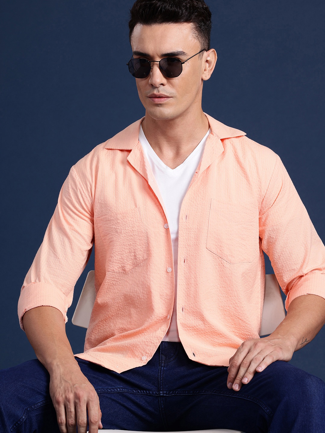 

Hancock Men Cuban Collar Relaxed Fit Seersucker Pure Cotton Casual Shirt, Peach