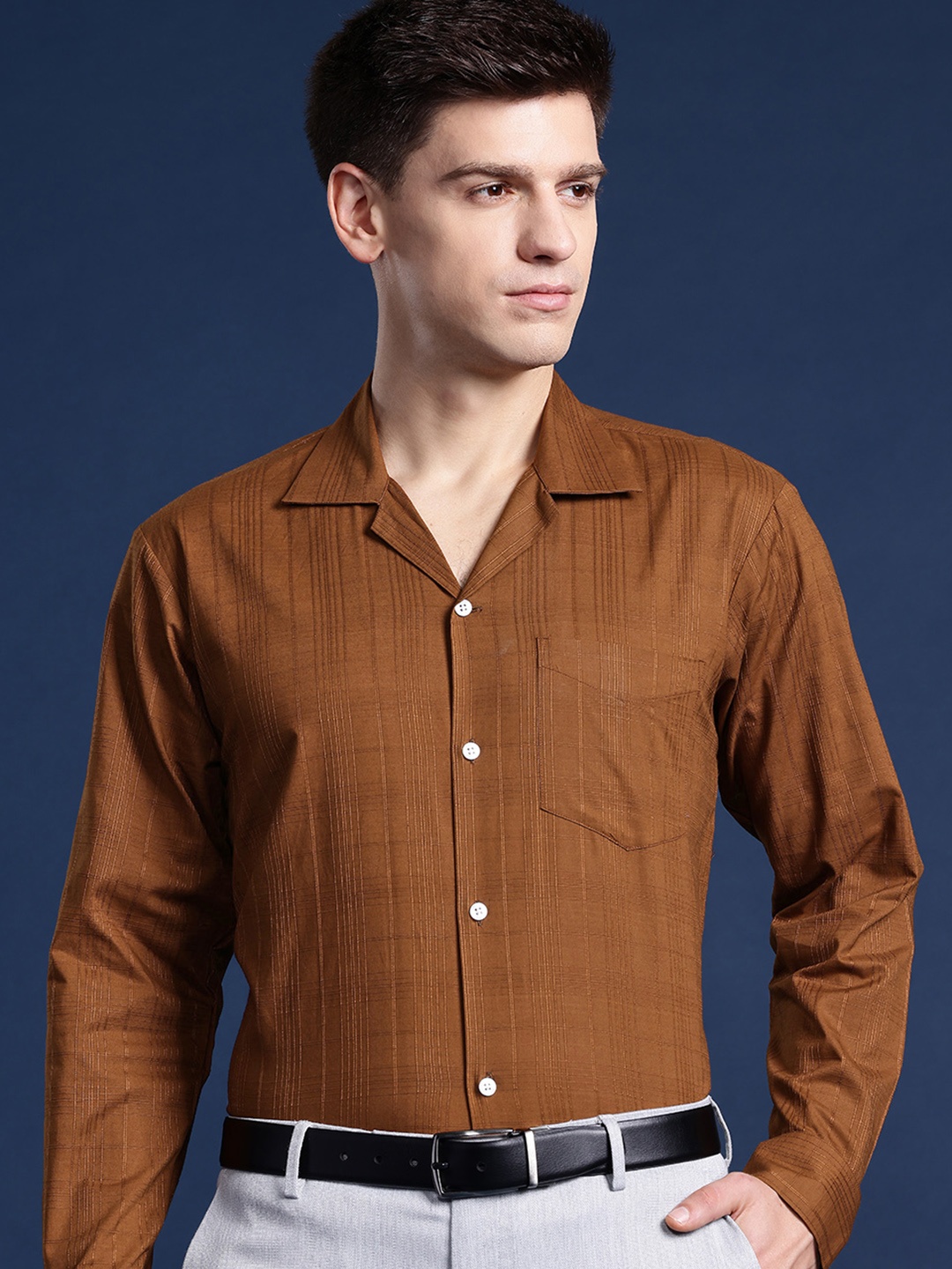 

Hancock Men Self Design Pure Cotton Cuban Collar Casual Shirt, Brown