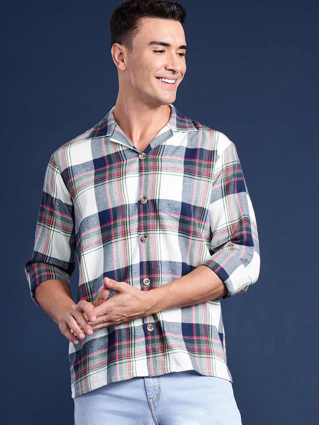 

Hancock Men Checked Cuban Collar Relaxed Fit Pure Cotton Casual Shacket, Beige