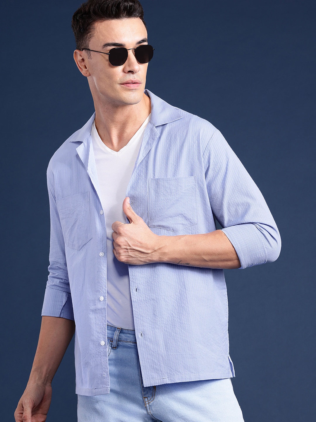 

Hancock Men Cuban Collar Relaxed Fit Seersucker Pure Cotton Casual Shirt, Blue