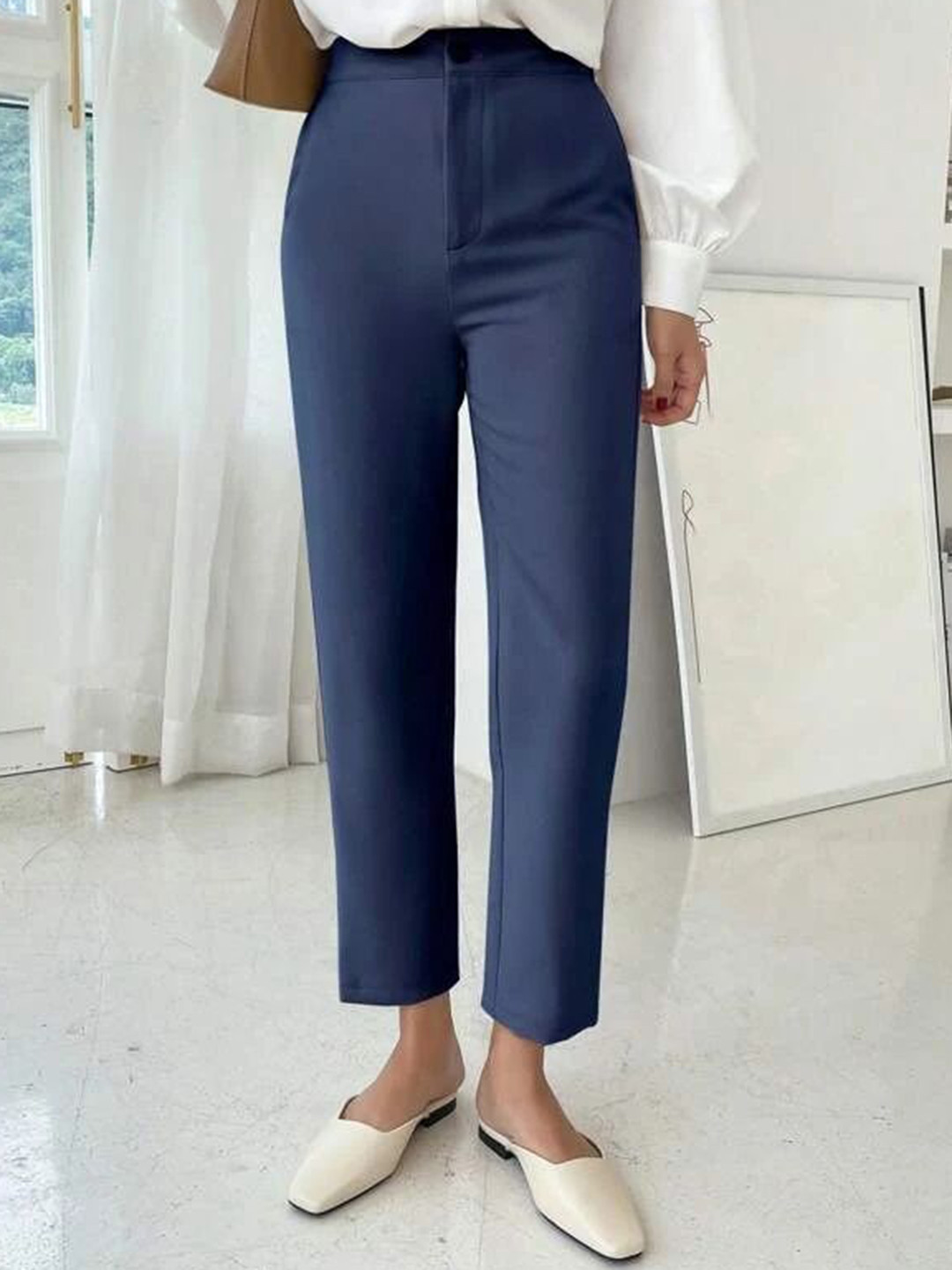 

FNOCKS Women Urban Slim High-Rise Cotton Trousers, Navy blue