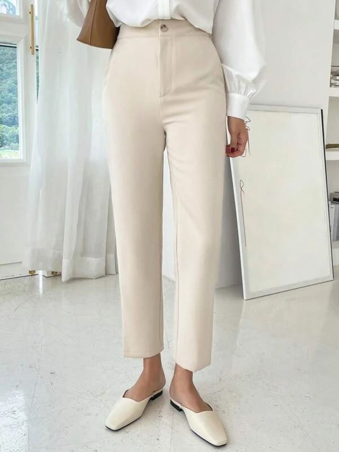 

FNOCKS Women Urban Slim High-Rise Slim Fit Cotton Trousers, Cream
