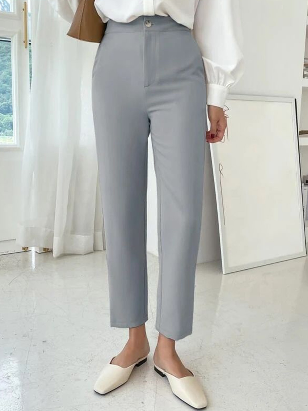 

FNOCKS Women Urban Slim High-Rise Slim Fit Cotton Trousers, Grey
