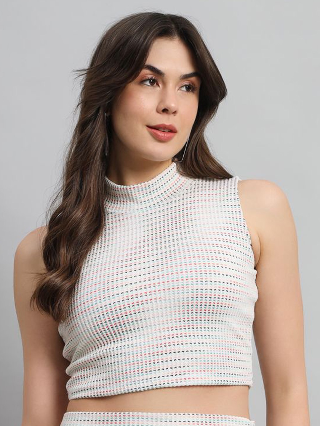 

BAESD High Neck Self Design Fitted Crop Tops, White