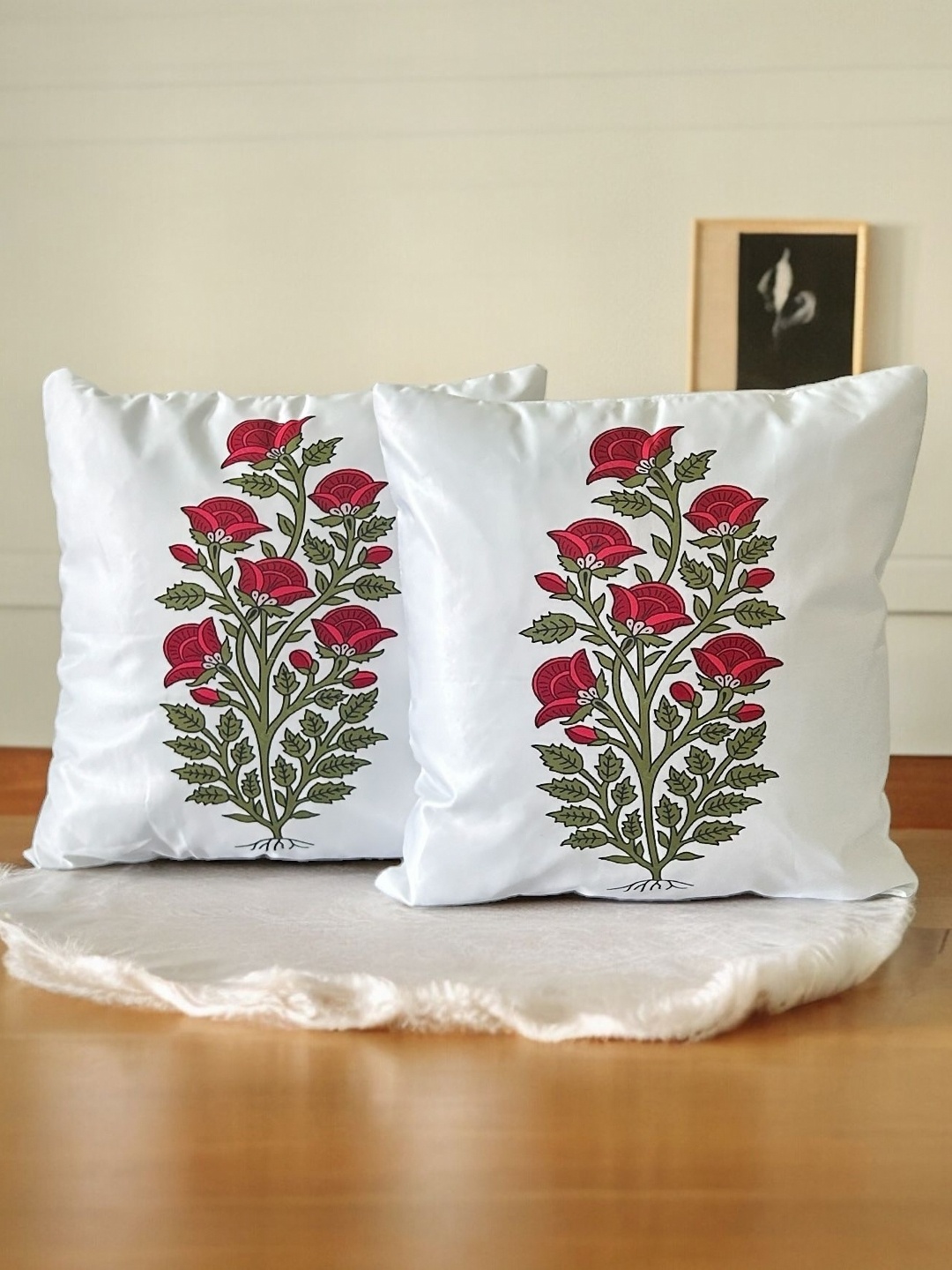 

PLAYFUL STITCHES White & Red 2 Pieces Floral Printed Square Cushion Covers
