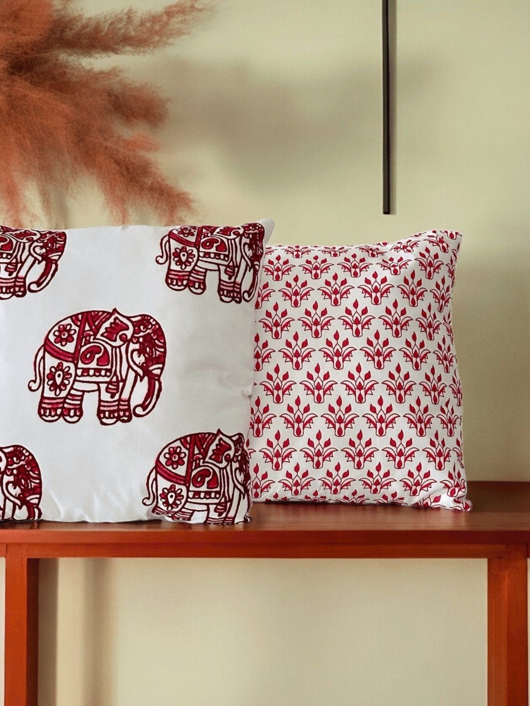 

PLAYFUL STITCHES White & Red 2 Pieces Ethnic Motifs Printed Square Cushion Covers