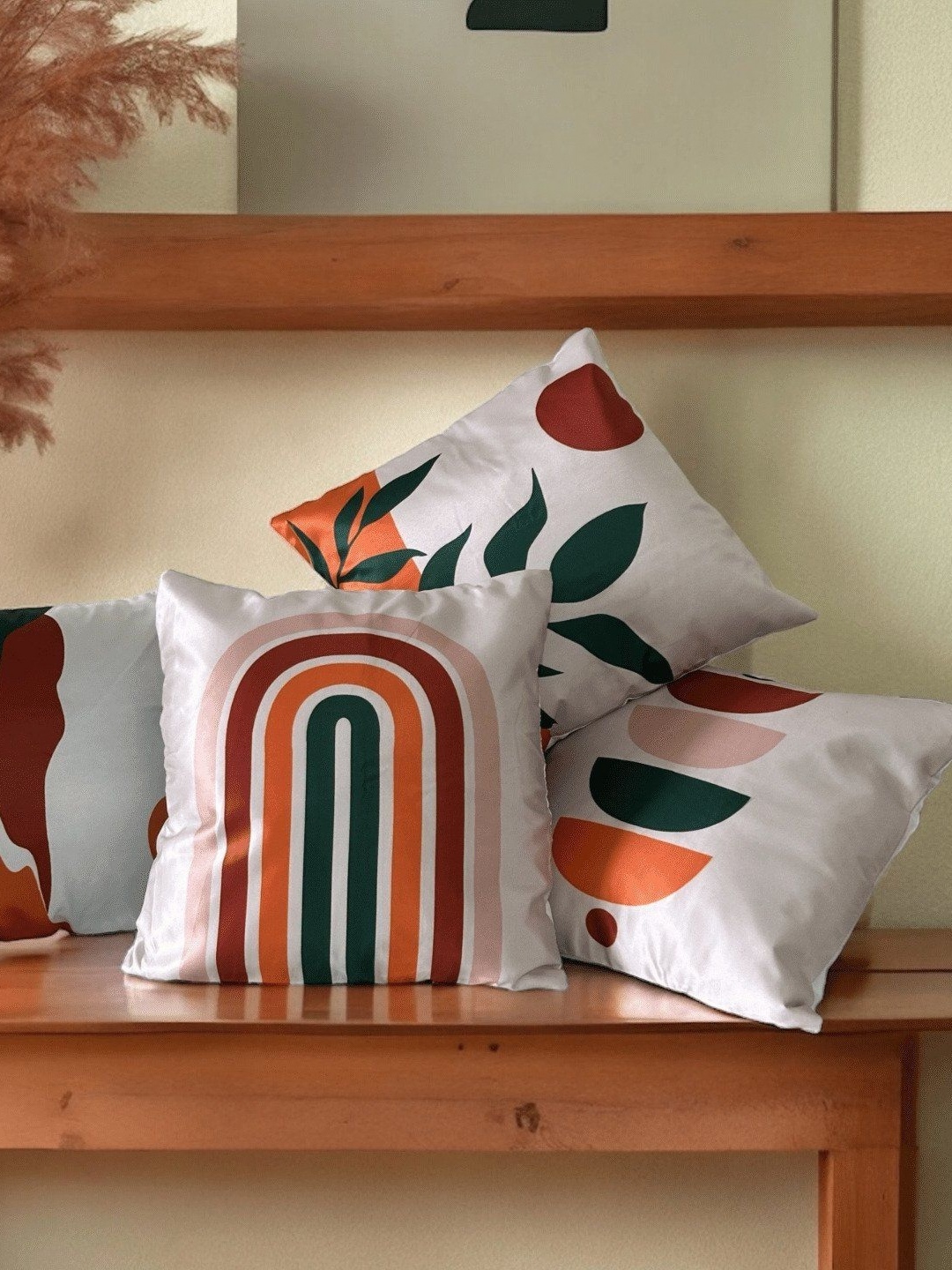 

PLAYFUL STITCHES White & Orange 4 Pieces Geometric Printed Square Cushion Covers