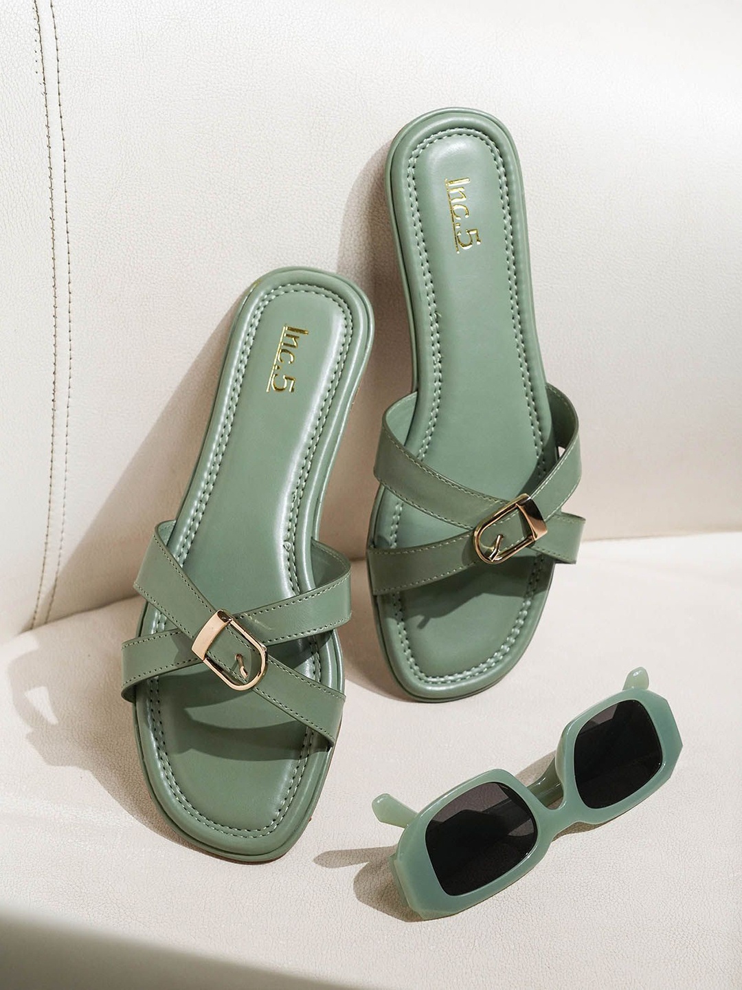 

Inc 5 Women Cross Straps Buckled Open Toe Flats, Green