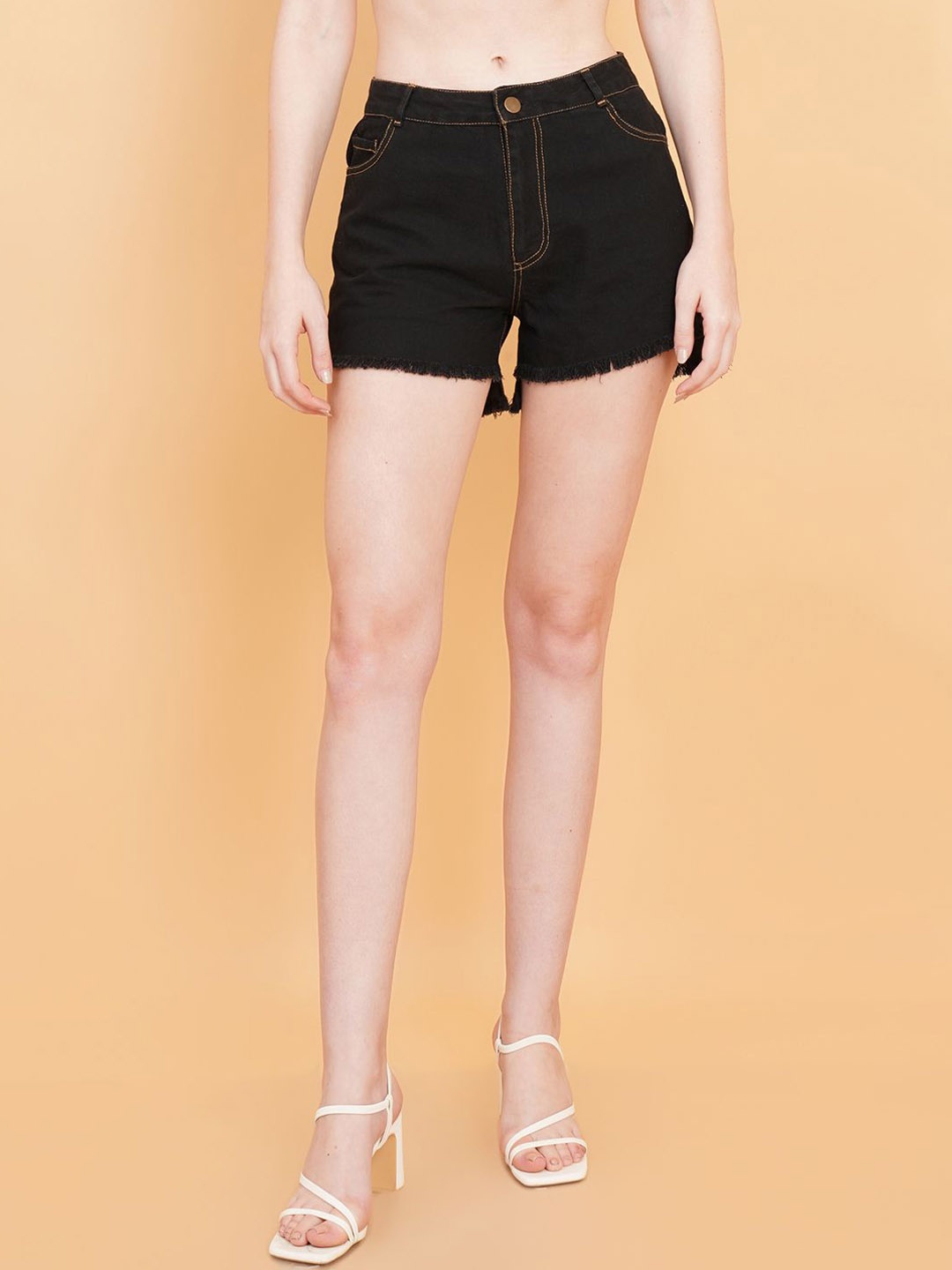 

HOUSE OF KKARMA Women Mid Rise Cotton Denim Shorts, Black