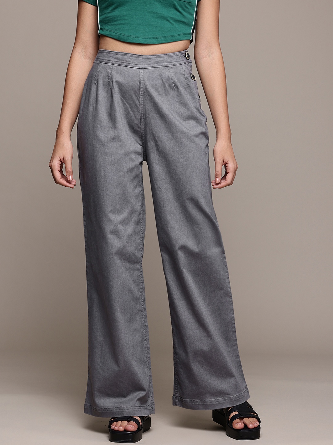 

Roadster Women High-Rise Pleated Wide Leg Korean Pants, Grey