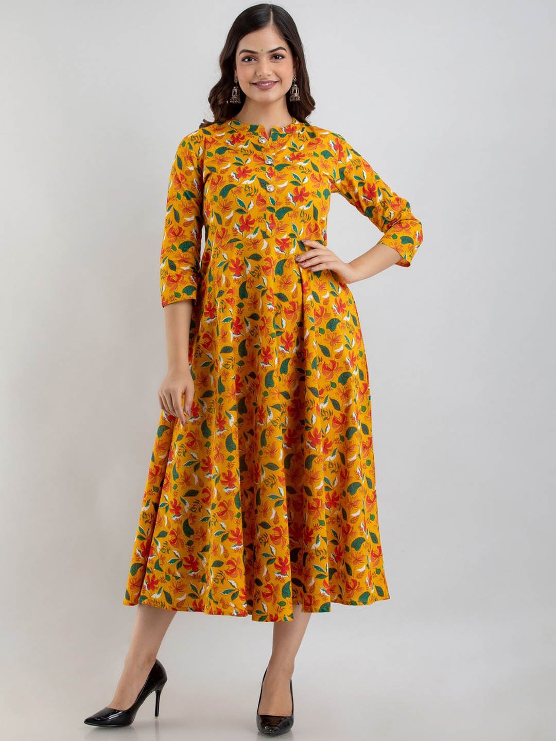 

Arudhi Floral Printed Mandarin Collar Cotton Anarkali Kurta, Yellow