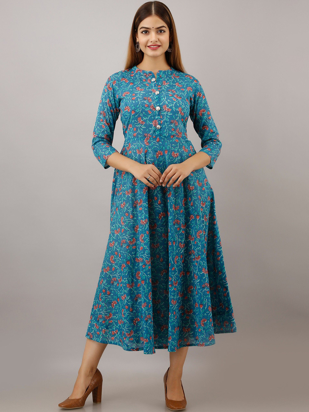 

Arudhi Floral Printed Mandarin Collar Cotton Anarkali Kurta, Blue