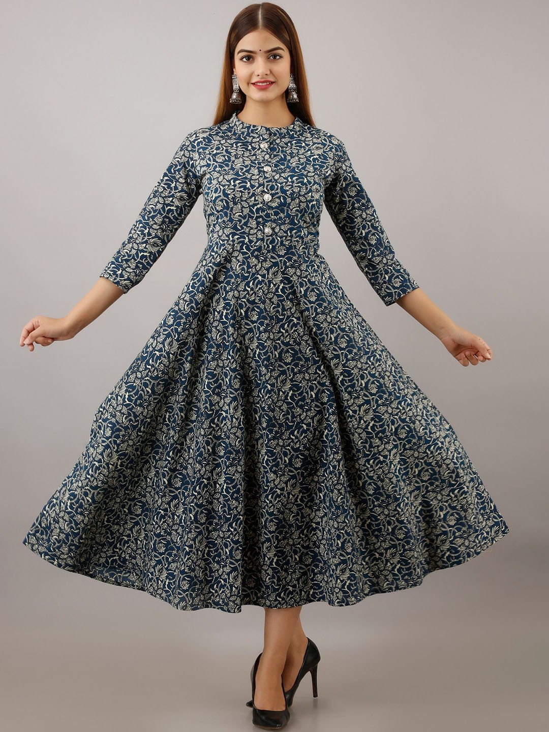 

Arudhi Ethnic Motifs Printed Mandarin Collar Cotton Anarkali Kurta, Blue