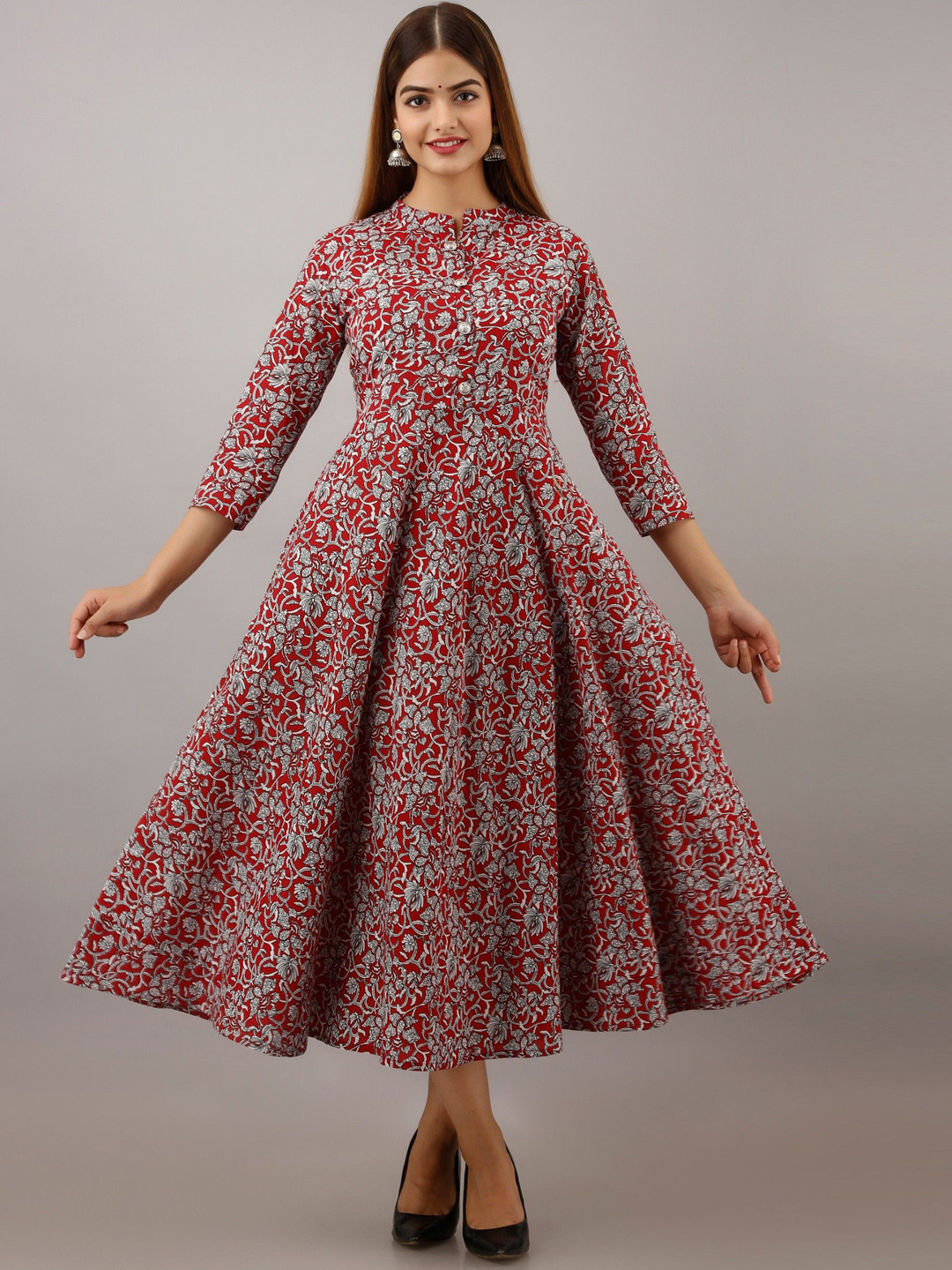 

Arudhi Floral Printed Mandarin Collar Cotton Anarkali Kurta, Red