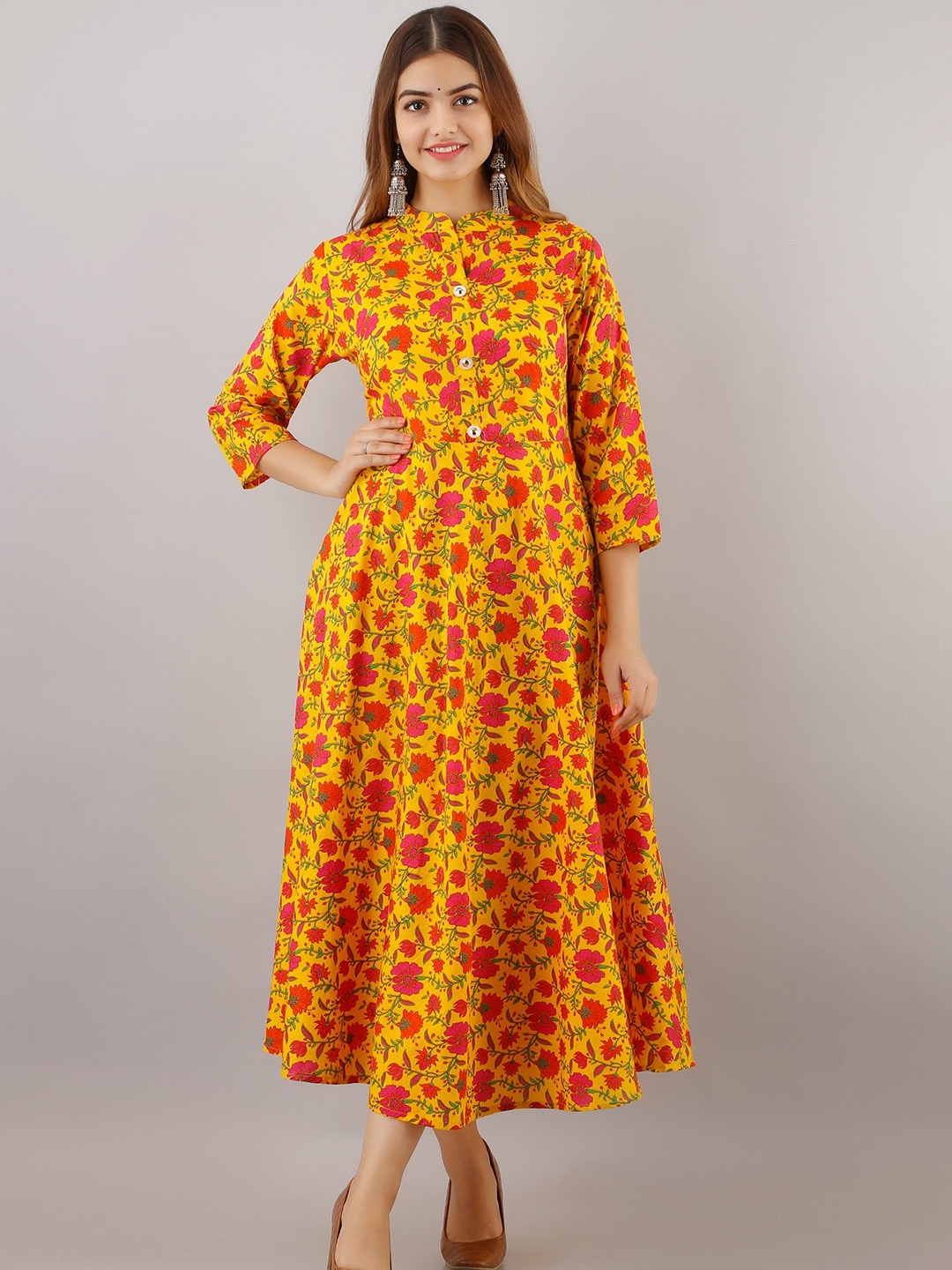 Arudhi Floral Printed Mandarin Collar Cotton Anarkali Kurta, Yellow