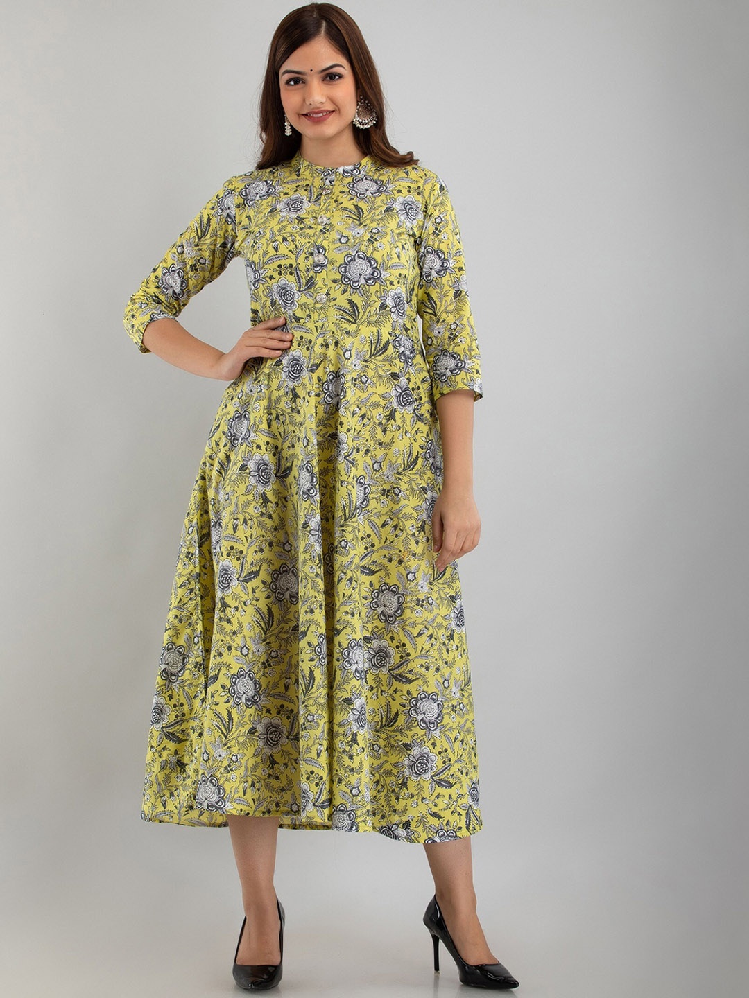 

Arudhi Floral Printed Pure Cotton Midi Fit & Flare Dress, Yellow