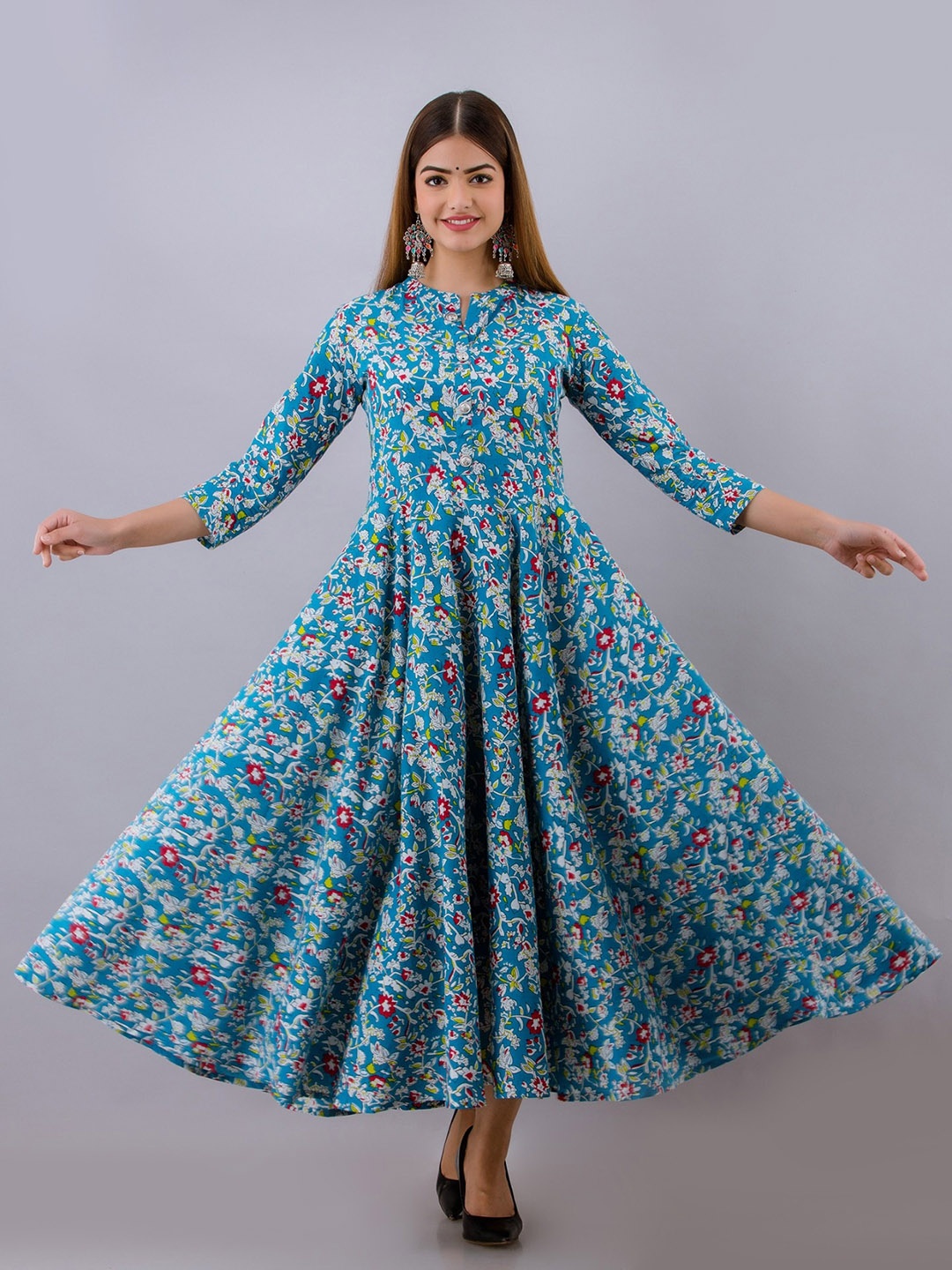 

Arudhi Floral Printed Handloom Pure Cotton A-line Kurta, Blue