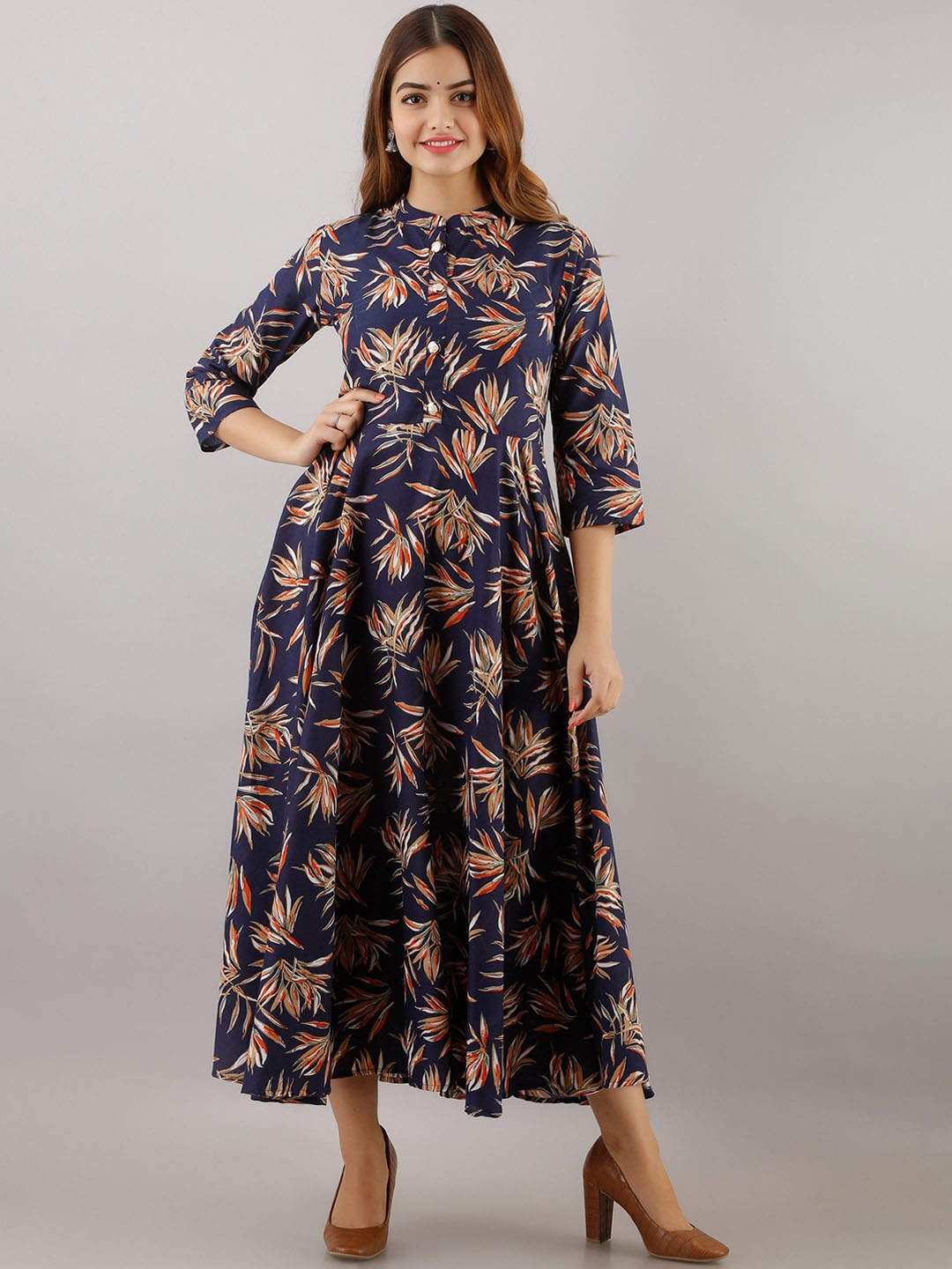 Arudhi Floral Printed Mandarin Collar Cotton Anarkali Kurta, Blue