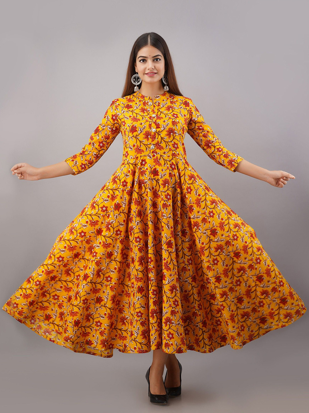 

Arudhi Ethnic Motifs Printed Pure Cotton Handloom A-line Kurta, Yellow