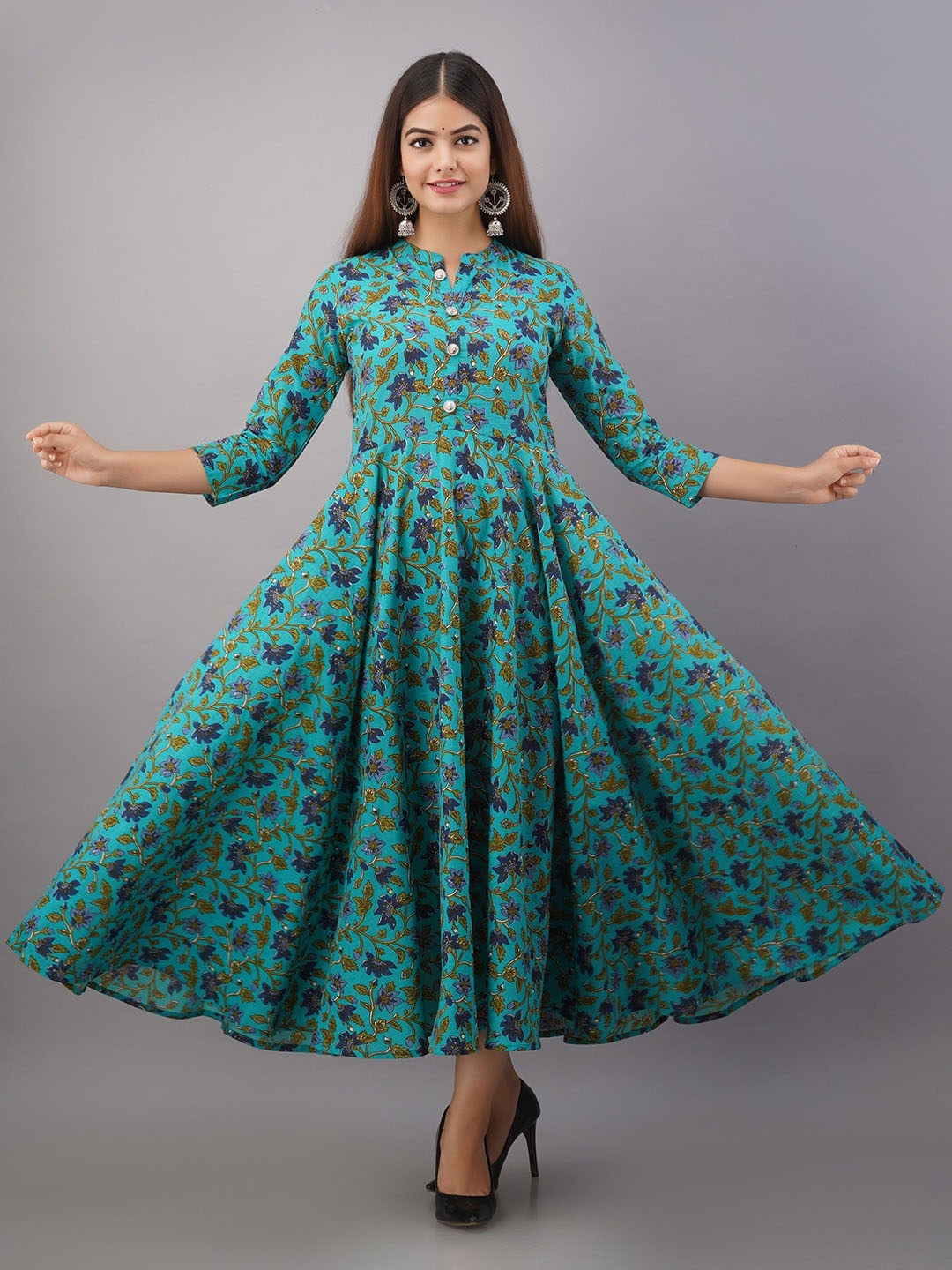 

Arudhi Floral Printed Pure Cotton A-line Ethnic Dresse, Turquoise blue