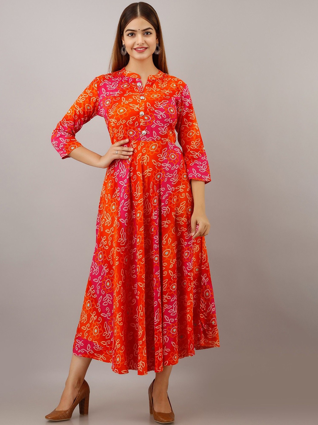 Arudhi Bandhani Printed Mandarin Collar Anarkali Kurta, Orange