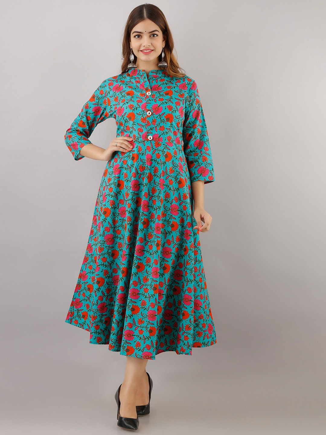 

Arudhi Floral Printed Pure Cotton A-line Ethnic Dresse, Turquoise blue