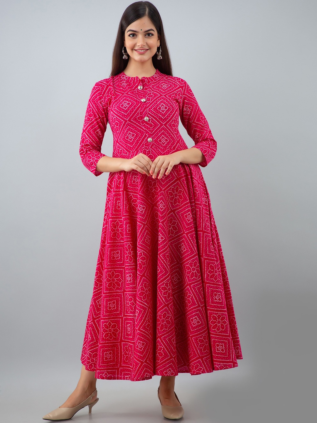 

Arudhi Bandhani Printed Mandarin Collar Pure Cotton A-line Kurta, Pink