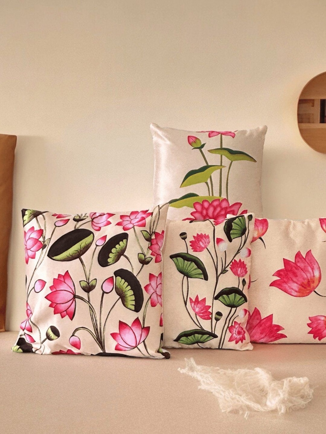

PLAYFUL STITCHES Cream & Pink 4 Pieces Floral Printed Square Cushion Covers