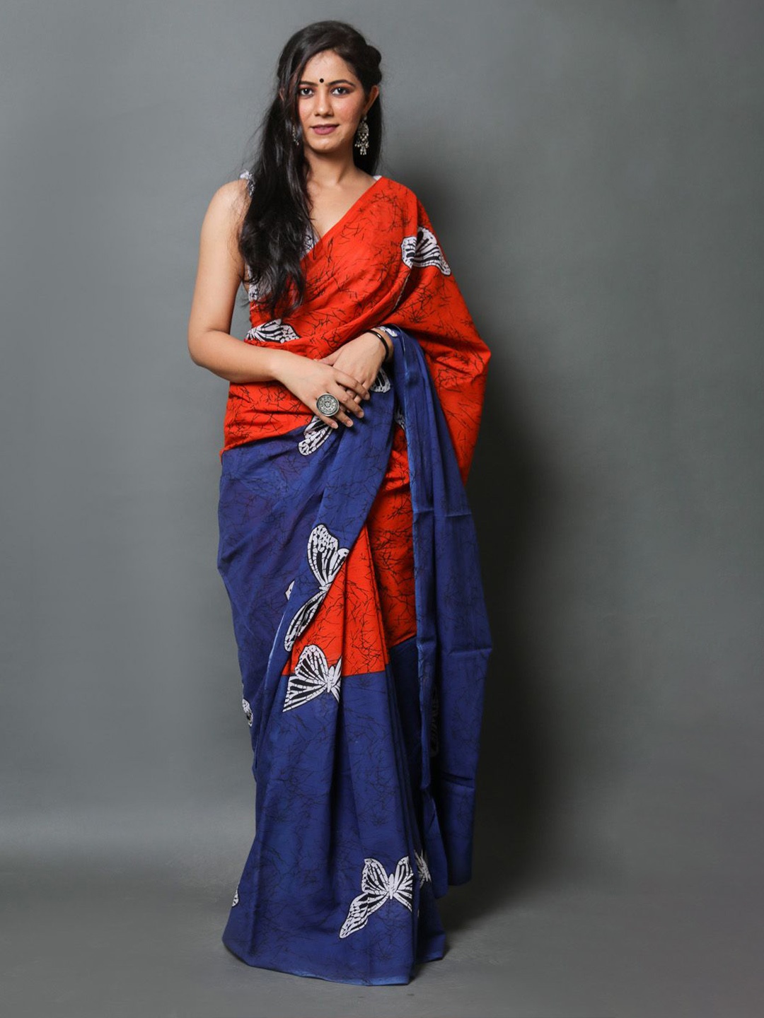 

JAIPURI PRINT Batik Pure Cotton Bagru Saree, Blue