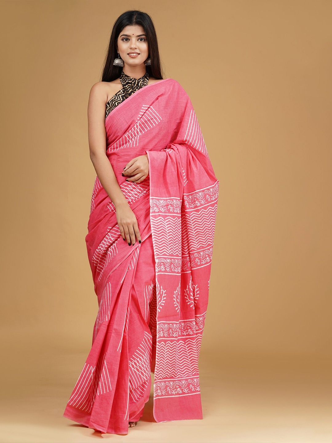 

JAIPURI PRINT Pure Cotton Block Printed o Border Saree, Pink