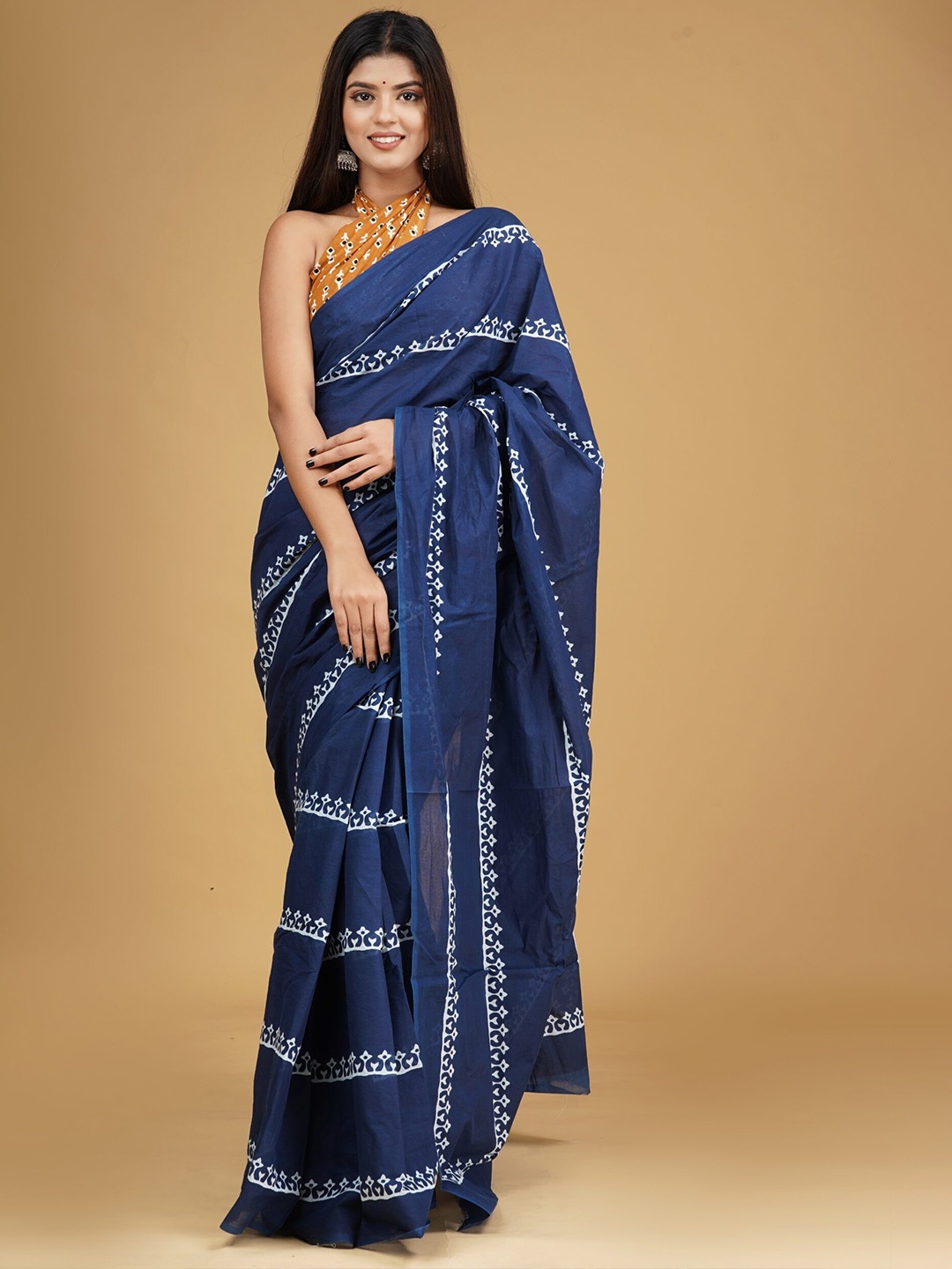 

JAIPURI PRINT Ethnic Motifs Pure Cotton Bagru Saree, Blue