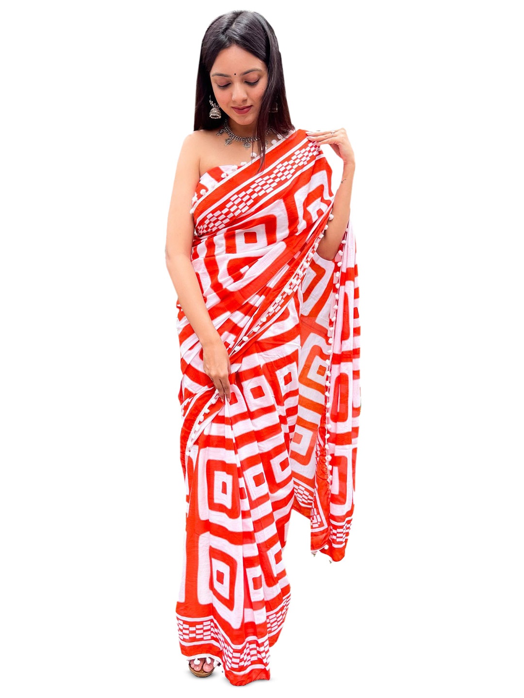 

JAIPURI PRINT Pure Cotton Block Printed Saree, Red