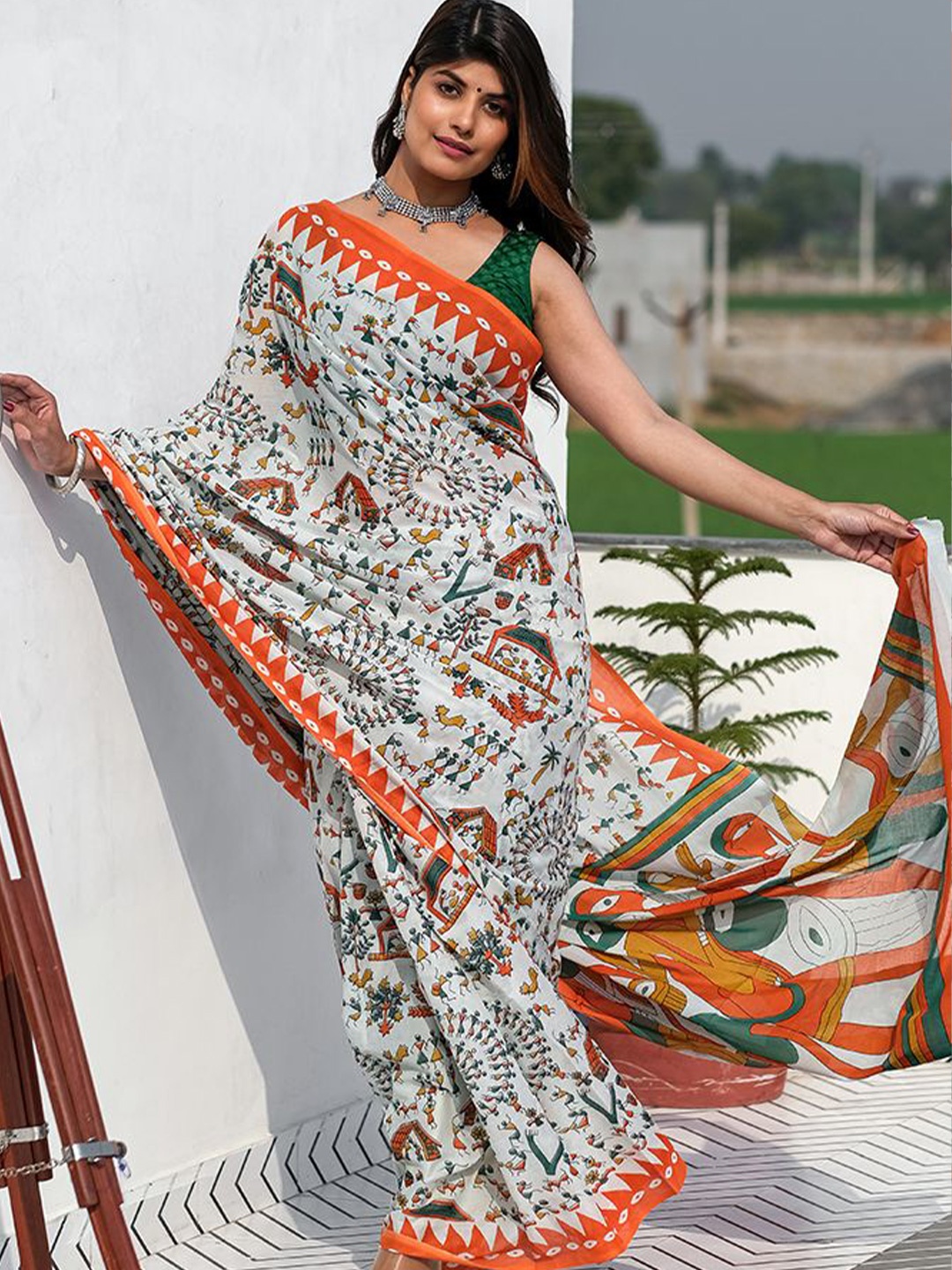 

JAIPURI PRINT Warli Printed Pure Cotton Saree, White
