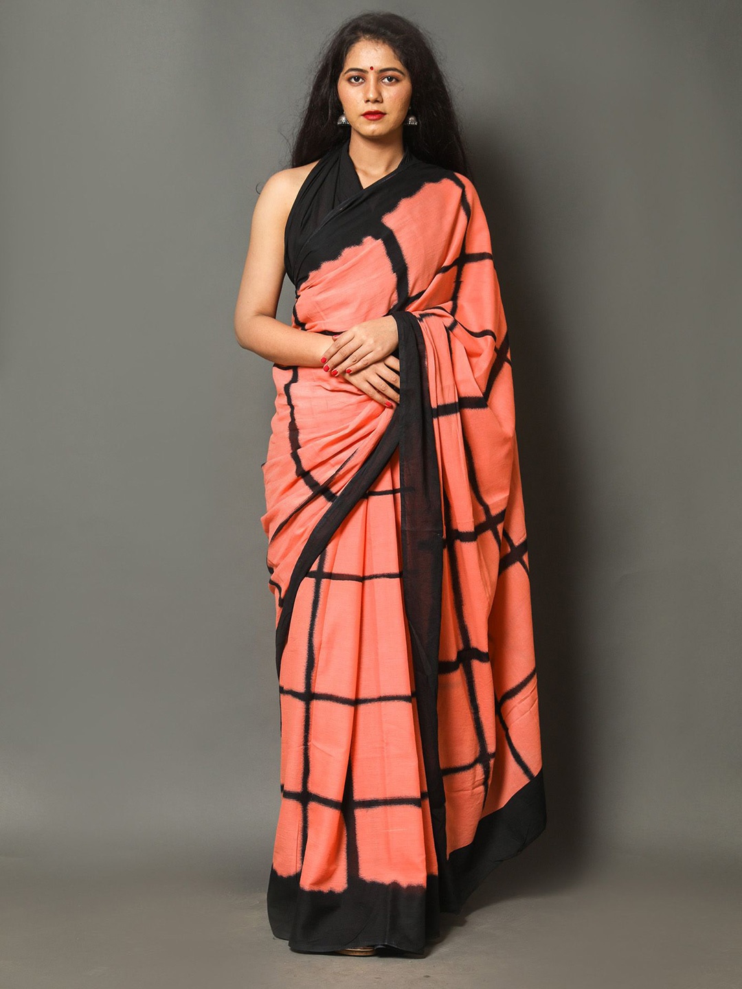 

JAIPURI PRINT Checked Pure Cotton Tie & Dye Saree, Peach