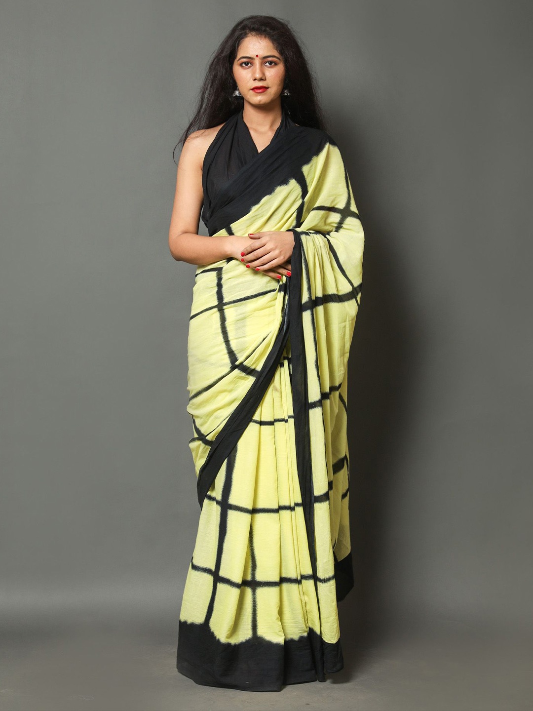 

JAIPURI PRINT Checked Pure Cotton Tie & Dye Saree, Yellow