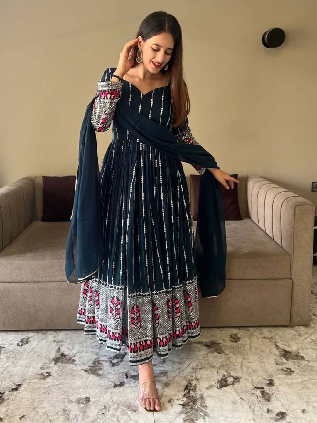 

Fashion Basket Striped Empire Sequinned Anrakali Georgette Kurta With Leggings & Dupatta, Blue