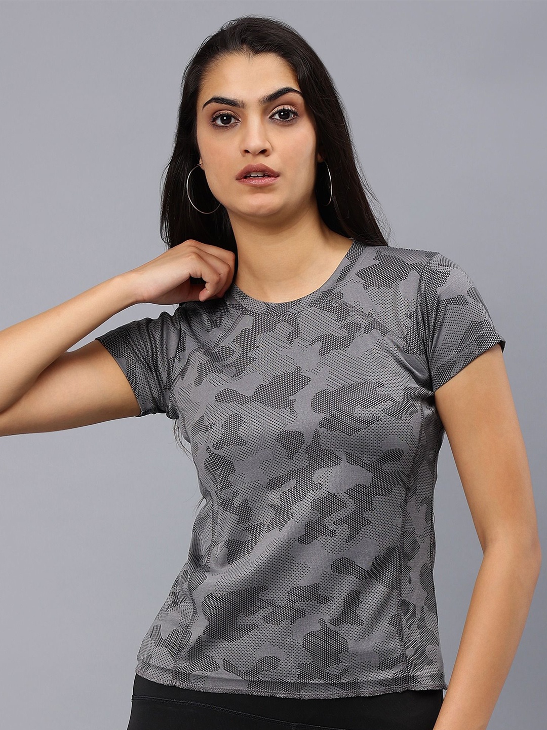 

Urban Komfort Women Camouflage Round Neck Slim Fit T-shirt, Grey