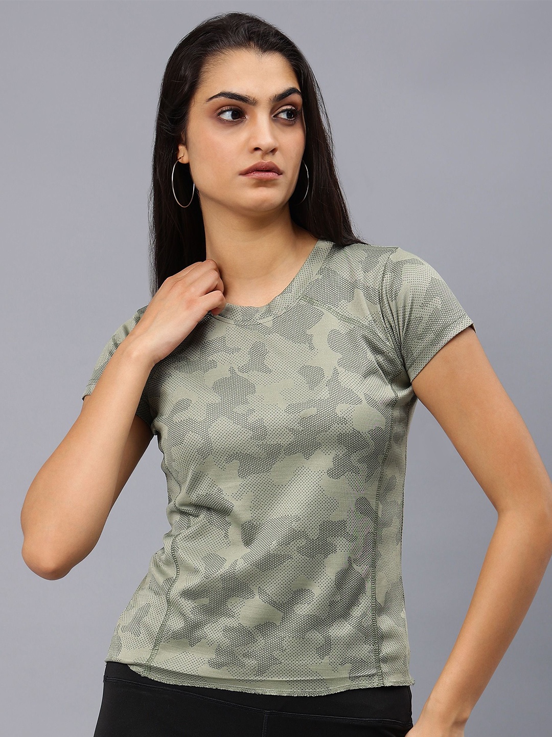 

Urban Komfort Women Camouflage Round Neck Slim Fit T-shirt, Green