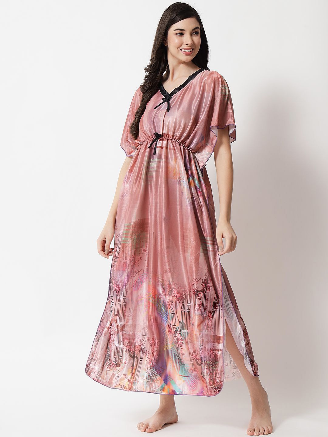 

G4Girl Satin Digital Print Nightdress, Peach