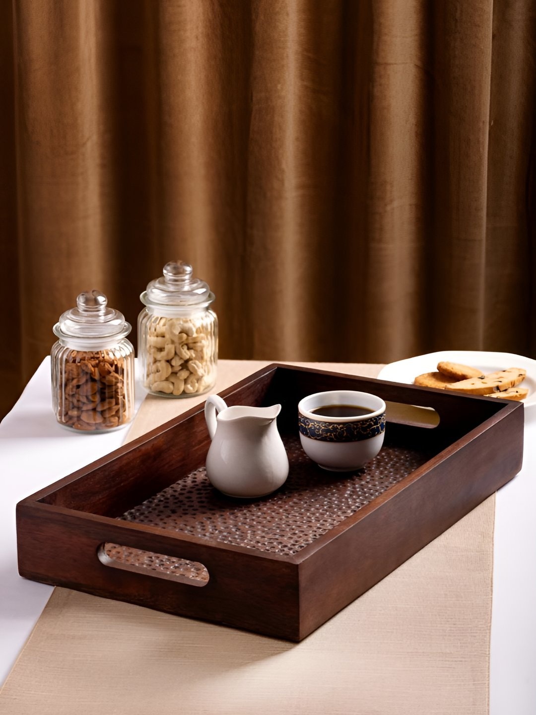 

The Pitara Project Brown Textured Wooden Serving Tray With Handle