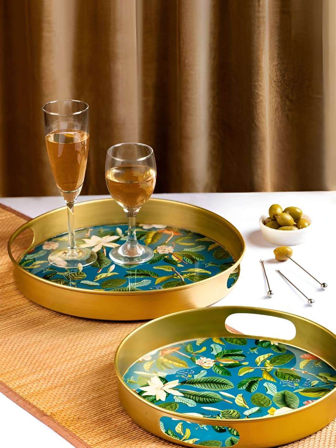 

The Pitara Project Blue & Gold Toned 2 Pieces Printed Metal Serving Tray