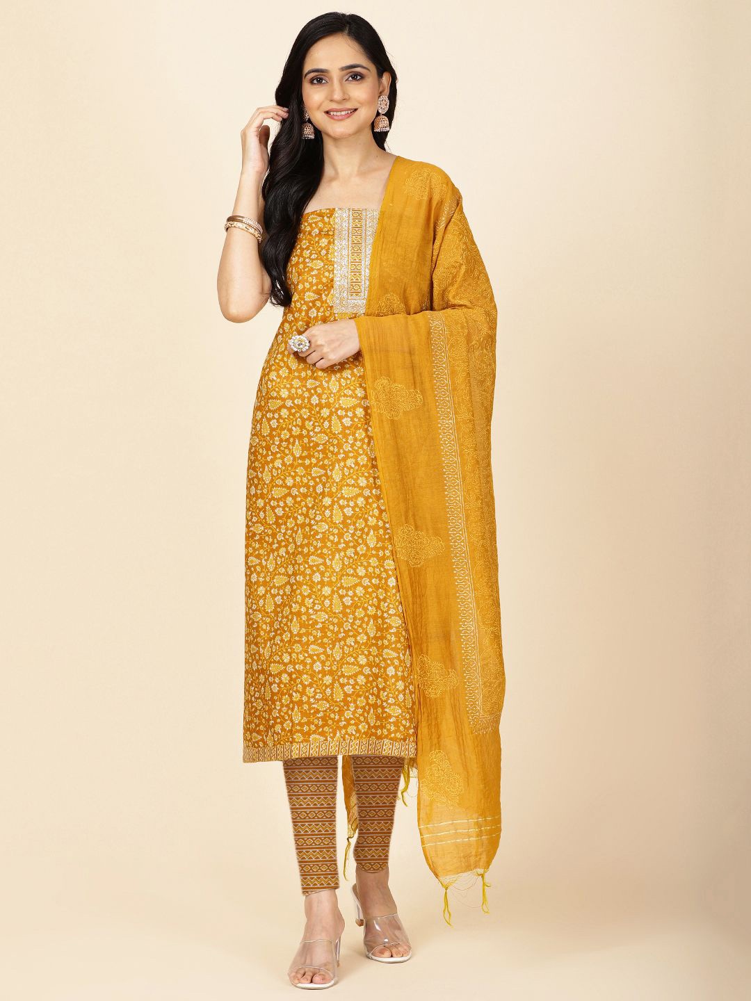 

Meena Bazaar Floral Printed Unstitched Dress Material, Mustard