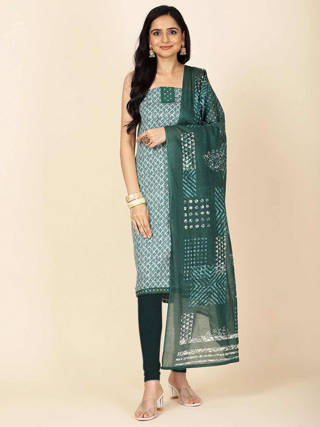

Meena Bazaar Ethnic Motifs Printed Unstitched Dress Material, Teal