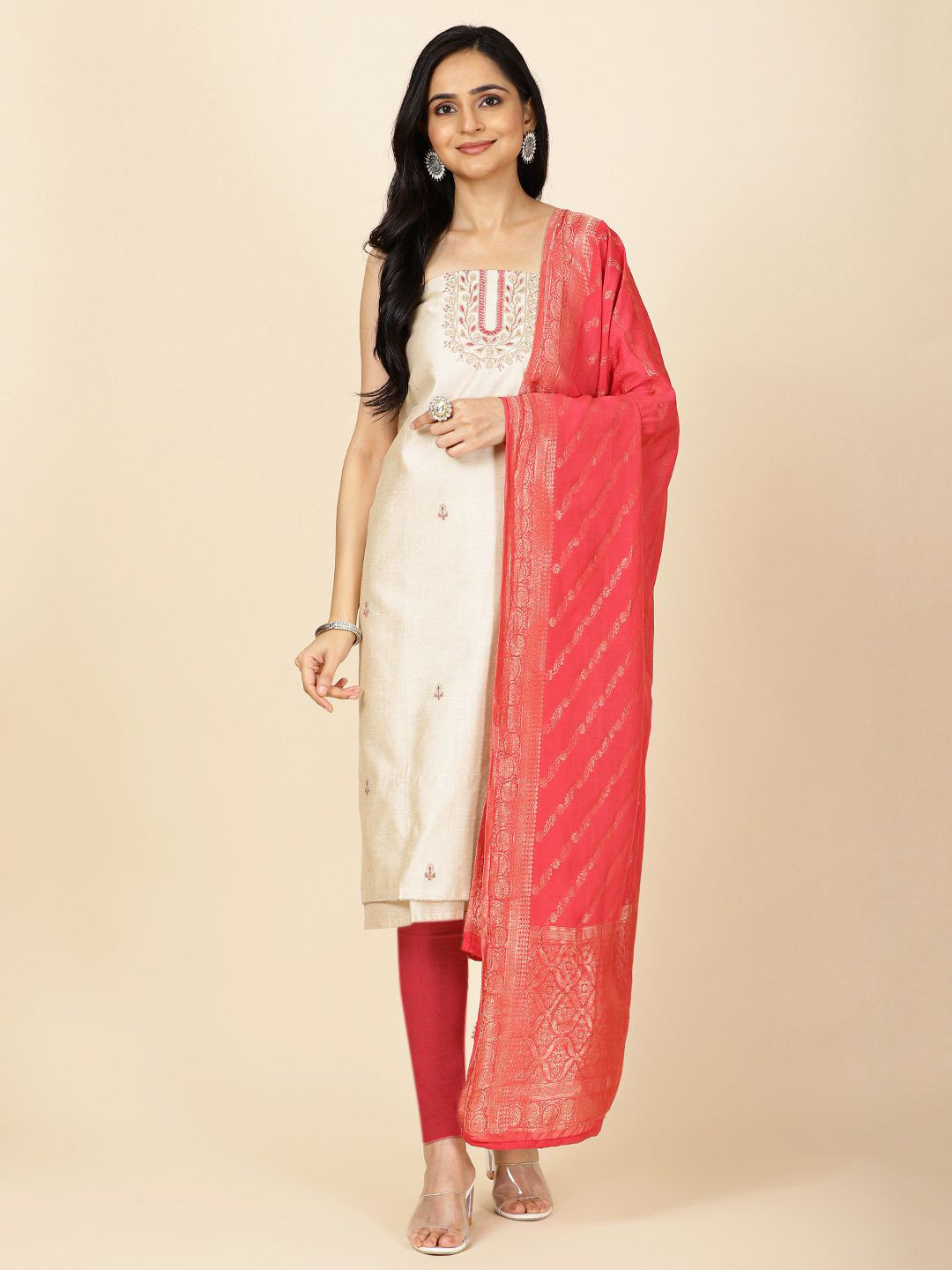 

Meena Bazaar Floral Embroidered Art Silk Unstitched Dress Material, Cream