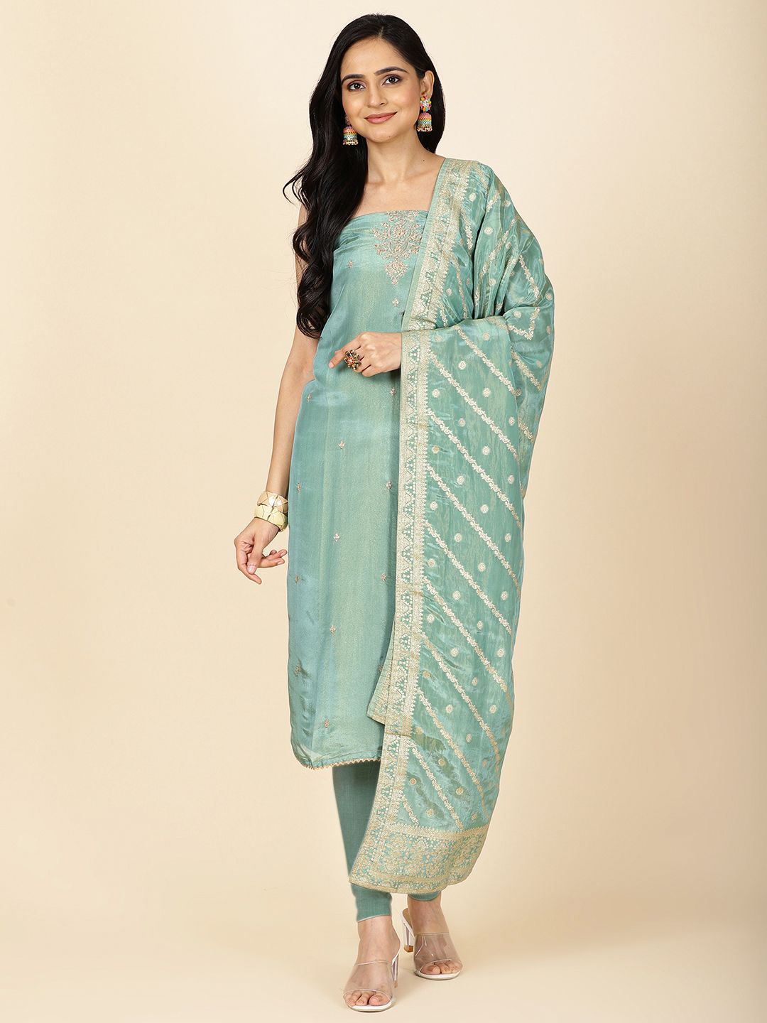 

Meena Bazaar Floral Embroidered Unstitched Dress Material, Sea green