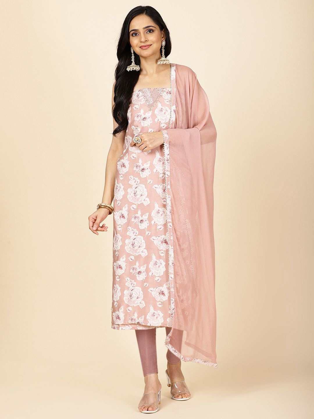 

Meena Bazaar Floral Printed Unstitched Dress Material, Peach