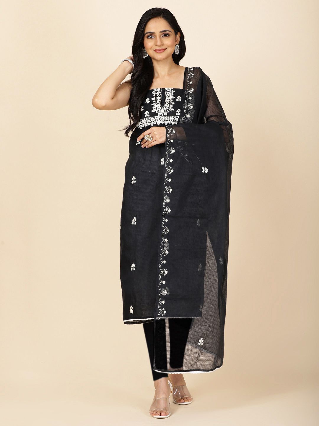 

Meena Bazaar Floral Embroidered Unstitched Dress Material, Black
