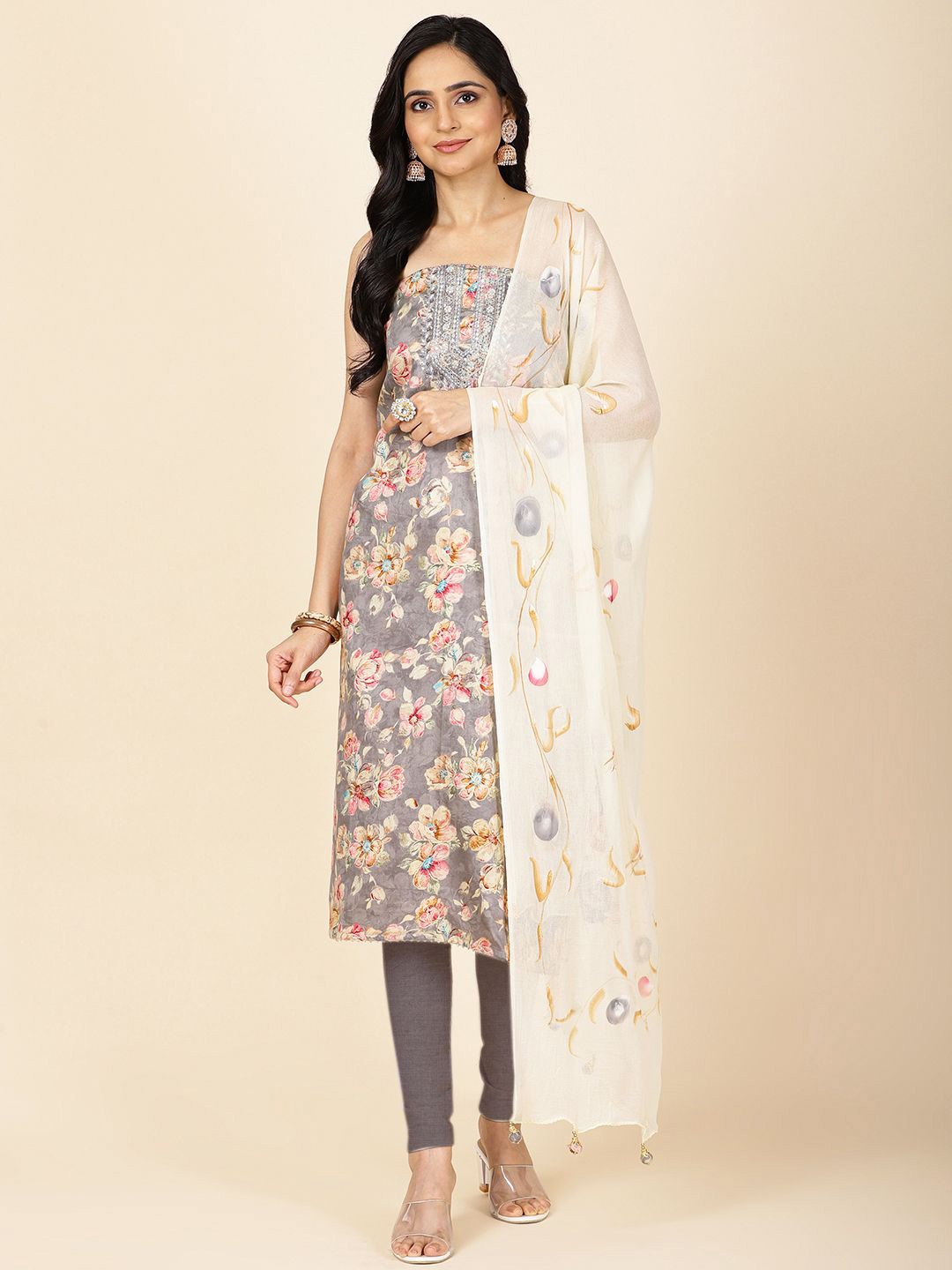 

Meena Bazaar Floral Printed Sequinned Unstitched Dress Material, Grey