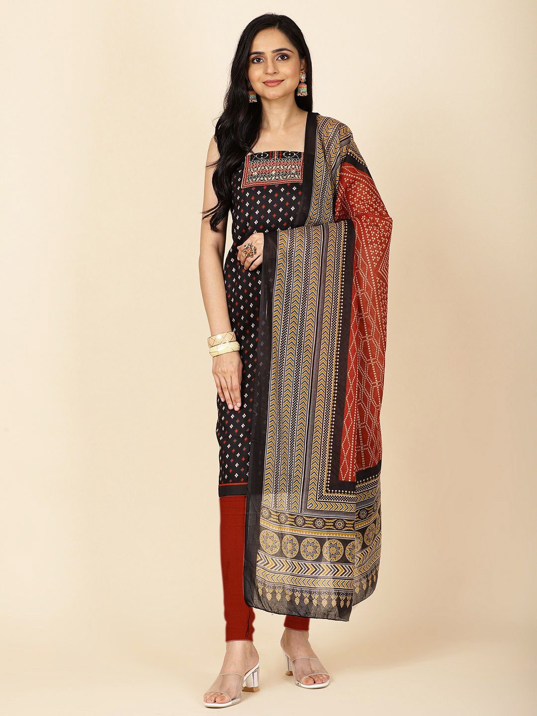 

Meena Bazaar Geometric Printed Unstitched Dress Material, Black